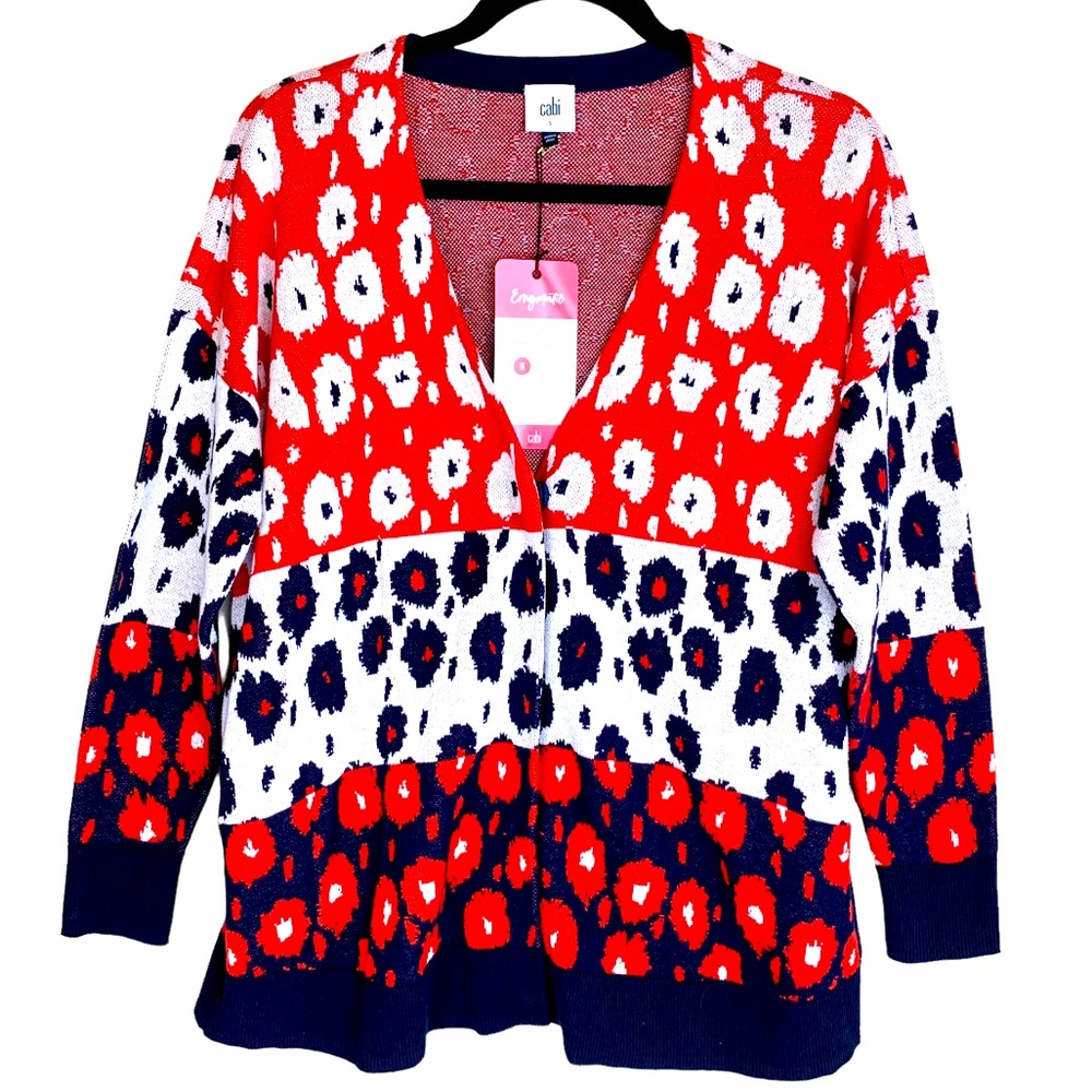 CAbi Upbeat Cardigan Snap Sweater V-Neck Red White Blue Floral Stripe St…